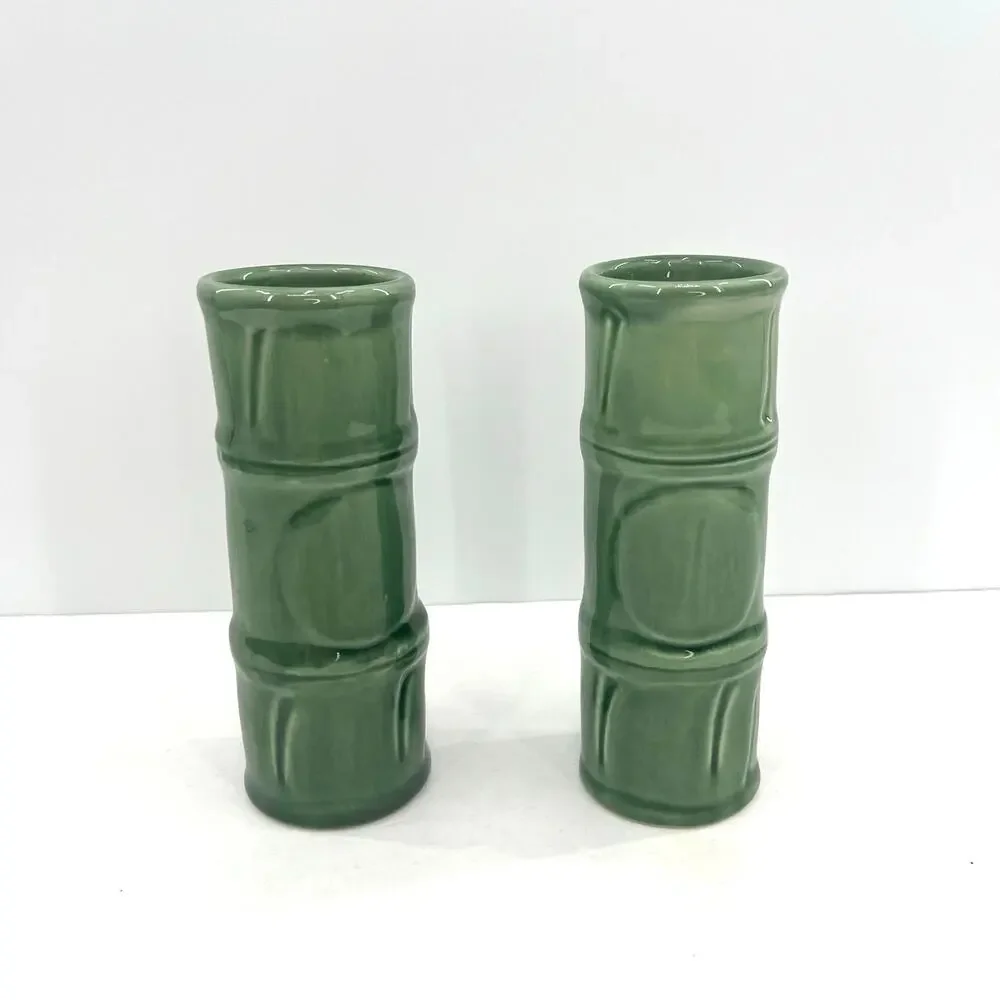 Set of two Libby green bamboo ceramic vases / glasses